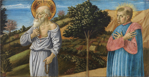 贝诺佐·戈佐利（Benozzo Gozzoli）-圣杰罗姆和圣吉米尼亚诺受祝福的Bartolo Buompedoni 1464年-1467年蛋彩画作品