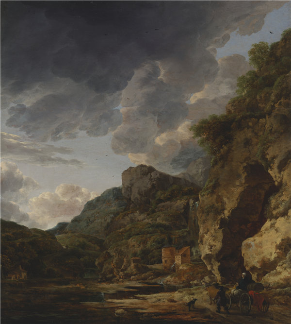 赫尔曼·瑙温克斯（Herman Nauwincx）-河流与马车山风景高清油画