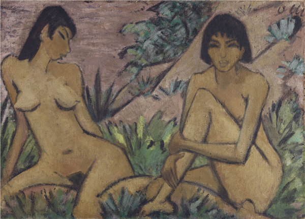 奥托·穆勒（Otto Mueller）-在风景中的两个女性裸体 1926年粉彩作品