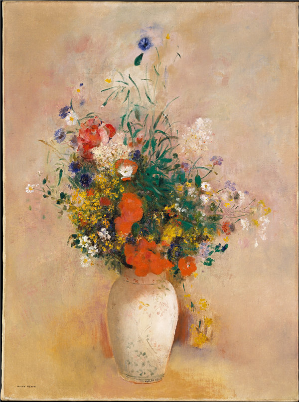 奥迪隆·雷顿（Odilon Redon）-花瓶花（粉红色背景）1906年油画