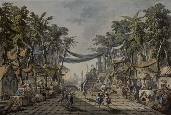 尚·巴蒂斯特·皮内蒙（Jean-Baptiste Pillement）（法国）-虚构的东方港口市场景象油画