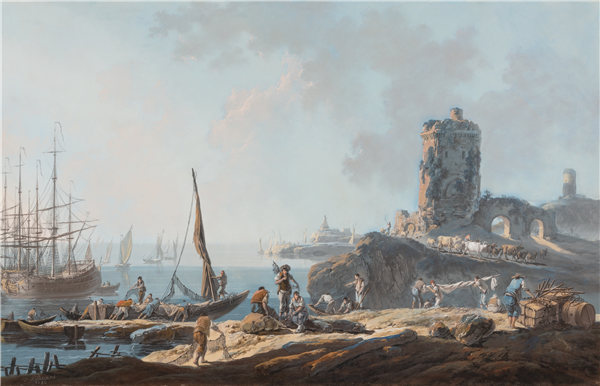 尚·巴蒂斯特·皮内蒙（Jean-Baptiste Pillement）（法国）-平静天气中的港口场景 1782年粉彩作品