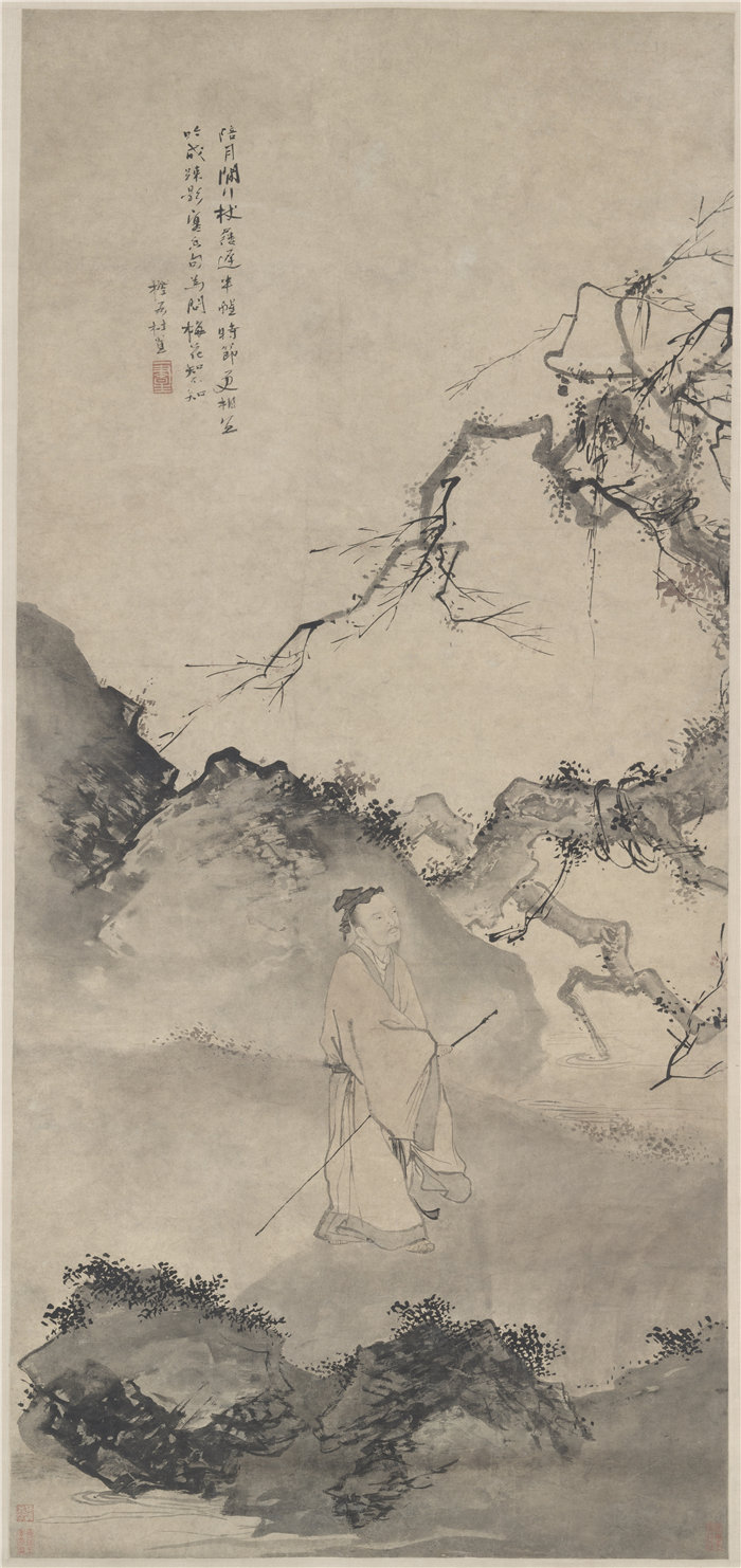 中国明朝杜堇-《陪月闲行图》1400年国画高清作品