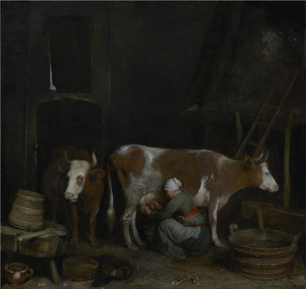 杰拉德·特·博尔奇(gerard ter borch)-女佣在谷仓里挤牛奶，荷兰，约1652年至1654年作品