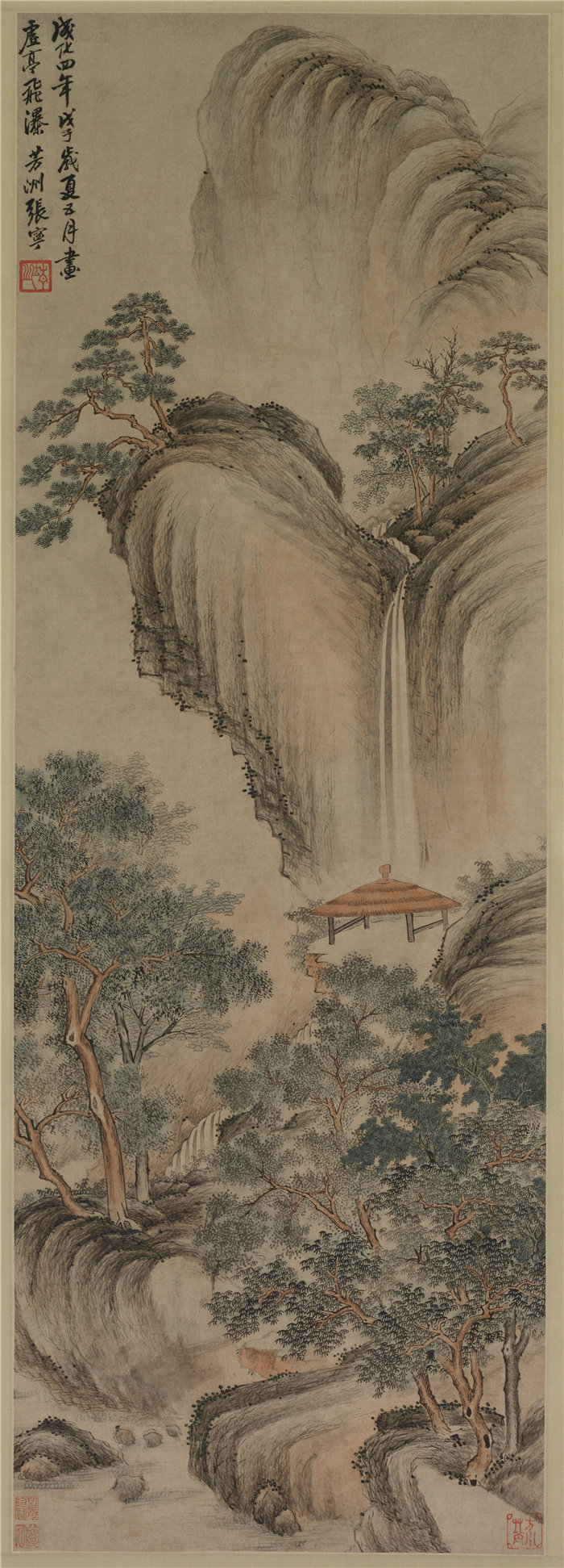 中国明朝画家张宁作品-《空乔木和瀑布》 高清下载