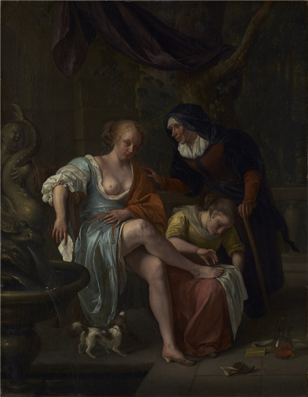 扬·斯汀（Jan Steen）--沐浴后的拔示巴，荷兰，约1670年至1675年作品
