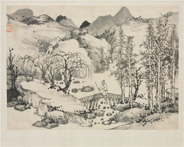 中国清朝画家查士标-《风景画册：桥上的风景》 高清国画作品