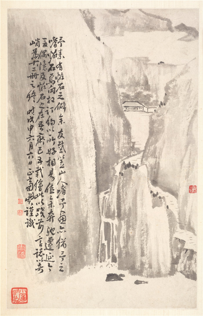 中国清朝画家闵真-《悬崖峭壁》 高清国画作品