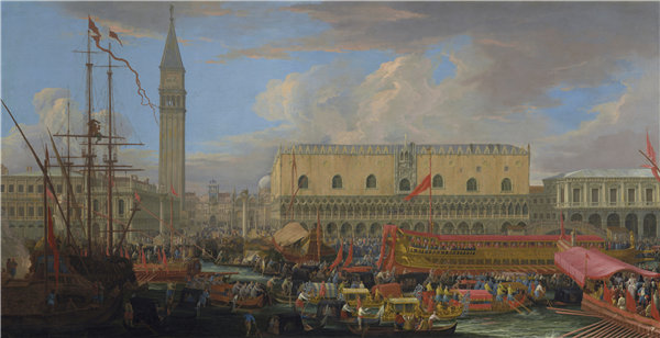 卢卡·卡莱瓦里(Luca Carlevarijs)-Bacino di San Marco出发的Bucintoro,意大利 1710年油画