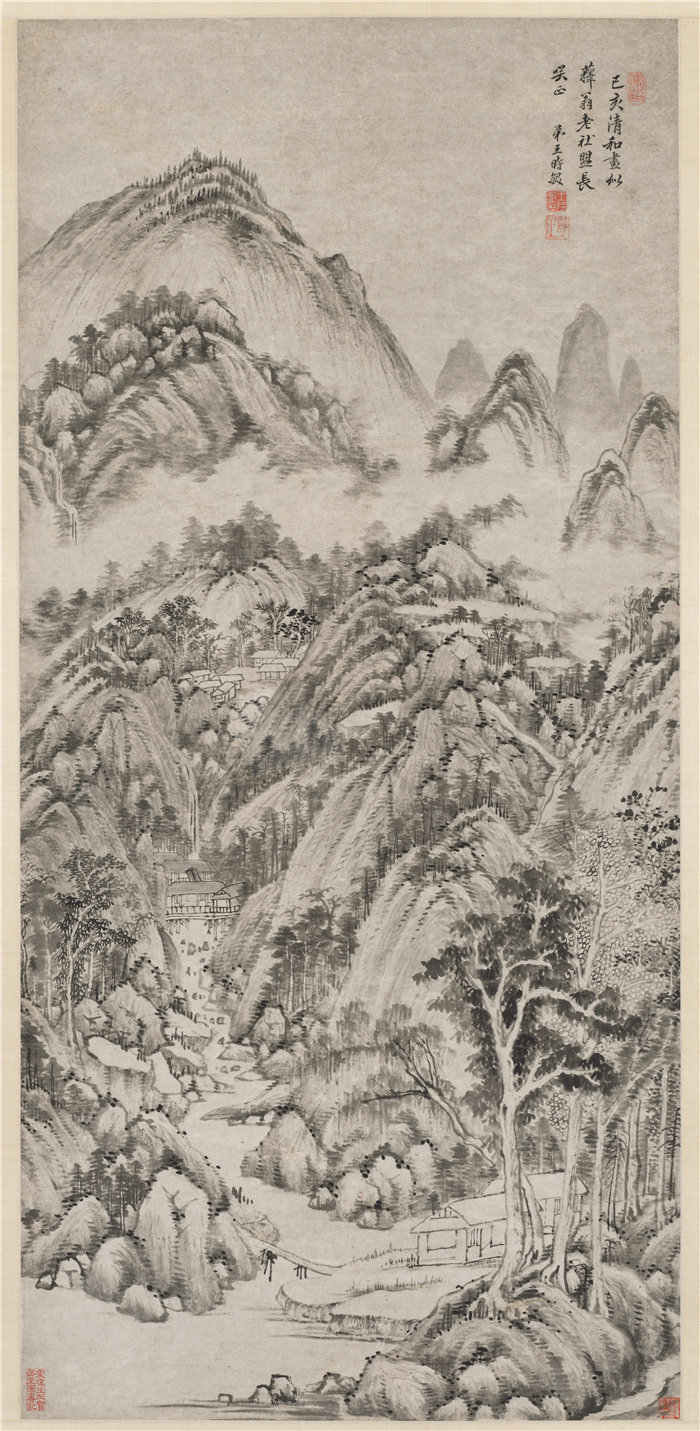 中国清朝画家王时敏-《夏日山村》 高清国画作品