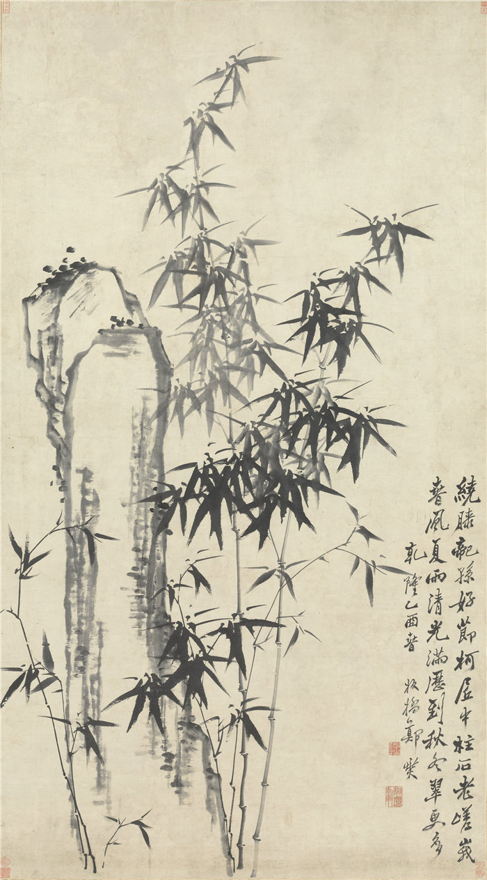 中国清朝画家郑板桥-《竹与岩》 高清国画作品