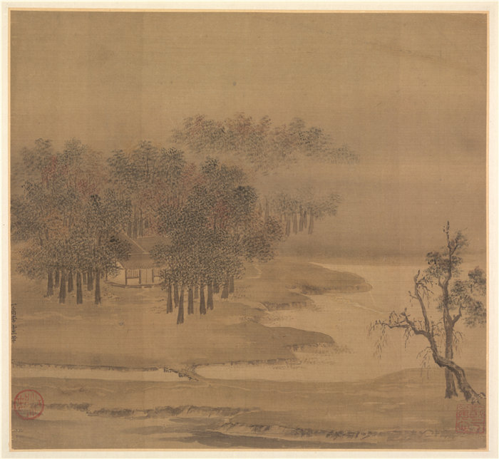 中国宋朝画家李安忠作品-《秋天薄雾林中的小屋》高清作品