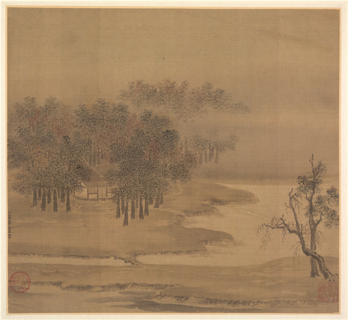 中国宋朝画家李安忠作品-《秋天薄雾林中的小屋》高清作品