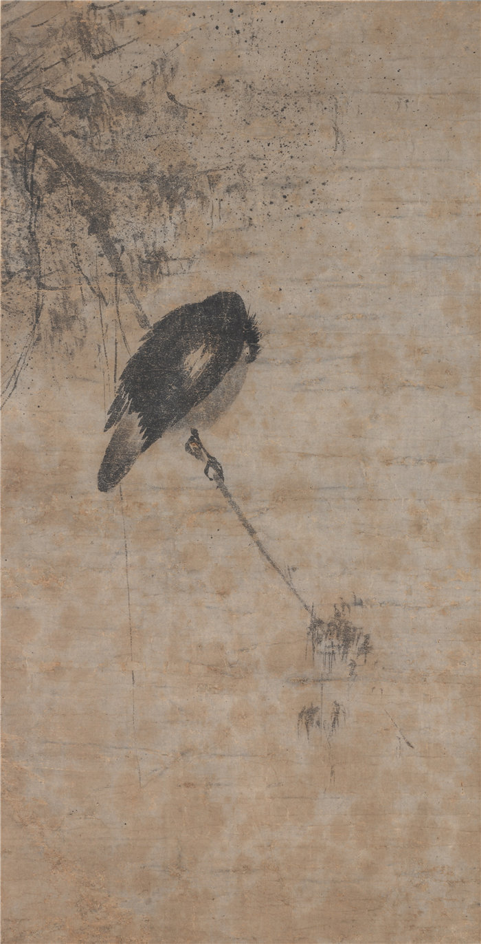 中国宋朝画家牧溪-《柳树和喜鹊》高清作品