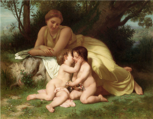 法国画家威廉·阿道夫·布格罗(William Adolphe Bouguereau)-Young Woman Contemplating Two Embracing Children油画