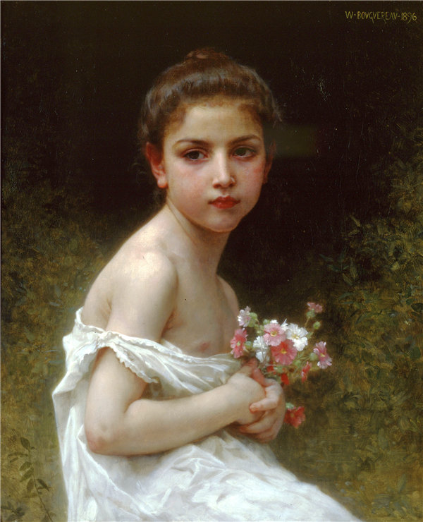 法国画家威廉·阿道夫·布格罗(William Adolphe Bouguereau)-女孩花束油画