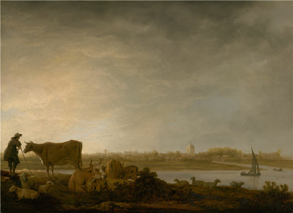 艾伯特·奎普 （ Aelbert Cuyp）-Vianen与牧民和牛在河边的景色 1643年