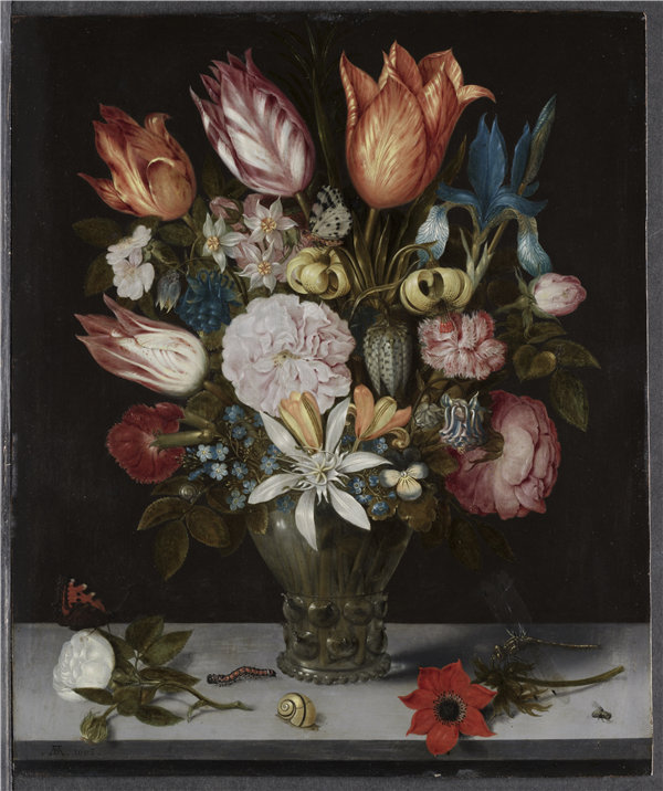 安布罗修斯·博斯查尔特（Ambrosius Bosschaert）-玻璃杯中的花，1606 年 荷兰油画