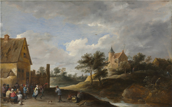 大卫·特尼尔斯（david ll teniers，比利时，1610-1690 年）-农民跳舞的风景油画
