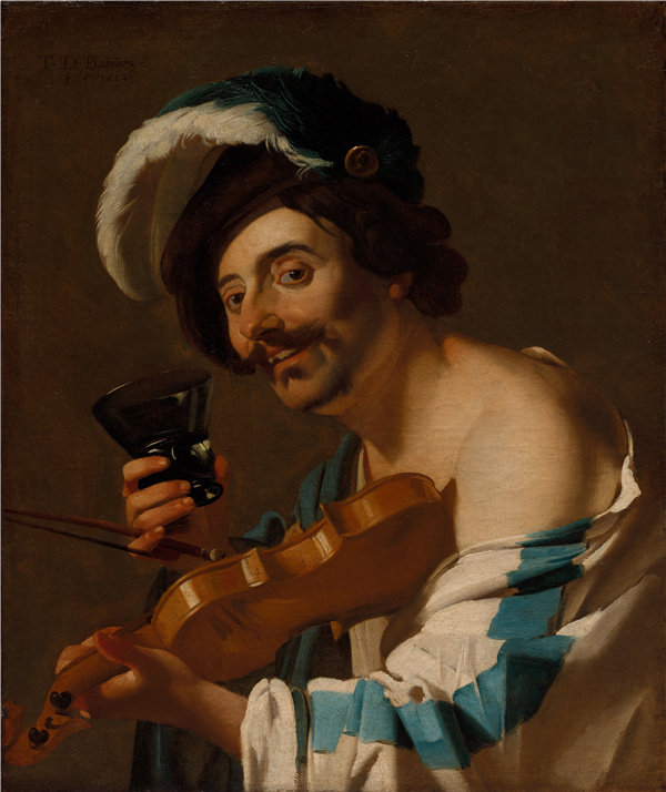 德克·范·巴布伦（Dirck van Baburen）-拿着酒杯的小提琴手，1623 年荷兰油画
