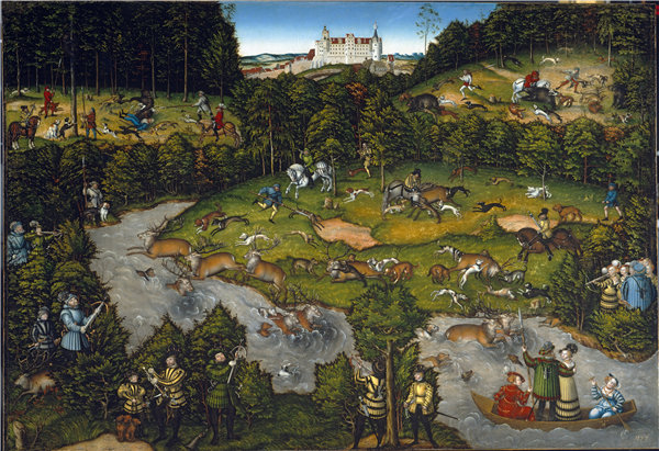 卢卡斯克拉纳赫（Lucas Cranach）-在 Hartenfels 城堡附近狩猎，1540 年 德国油画