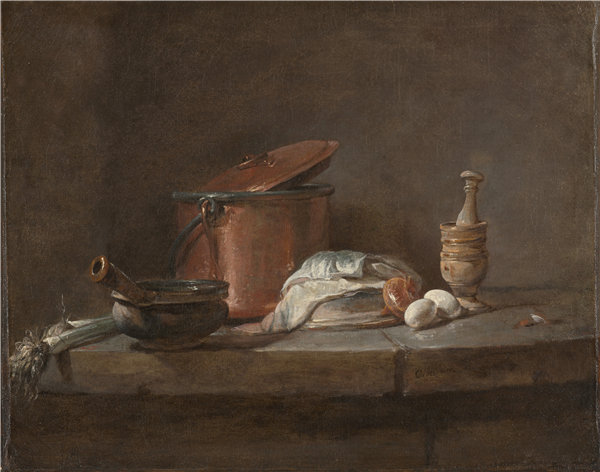 让·西蒙·查丁（夏尔丹）（Jean-Siméon Chardin）-韭菜、鱼和鸡蛋的厨房用具，1734年 法国油画