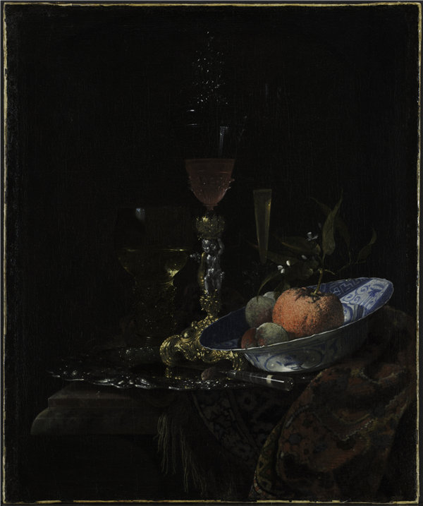 威廉·卡尔夫（Willem Kalf）-酒杯和一碗水果，1663 年荷兰油画