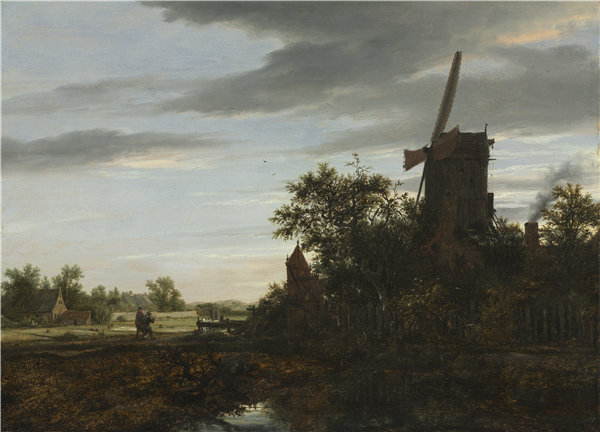 雅各布·范·瑞斯达尔（Jacob van Ruisdael）-有风车的风景，1646年 荷兰油画