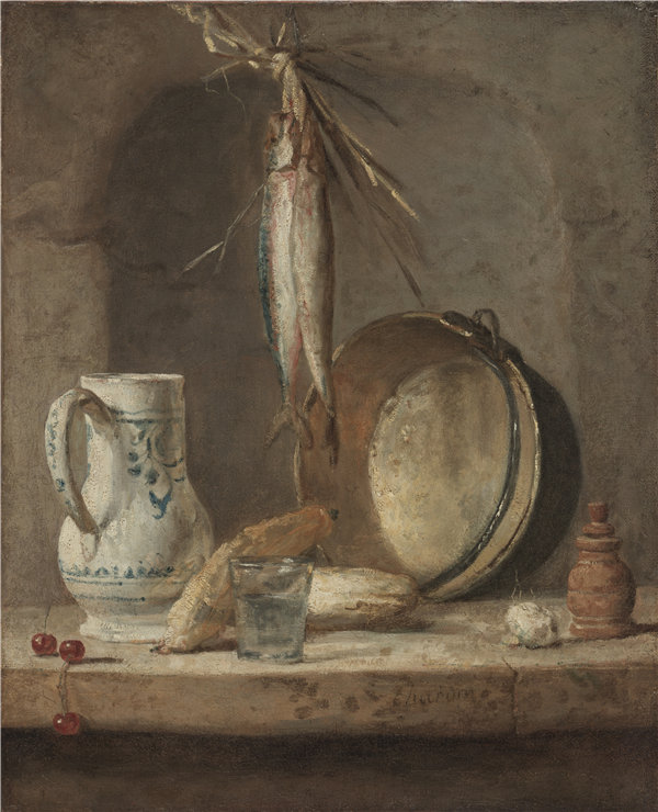 让·西蒙·查丁（Jean Siméon Chardin）-静物与鲱鱼，1735年 法国油画