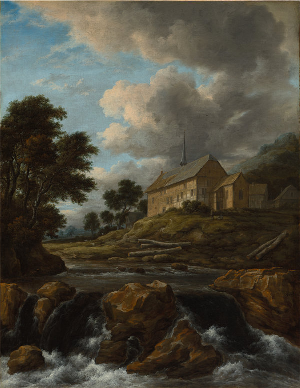 雅各布·范·瑞斯达尔(Jacob van Ruisdael,荷兰,1628_29-1682)-由 Torrent 建造的教堂景观,1670年油画