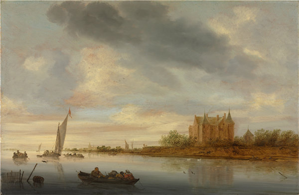萨洛蒙·凡·雷斯达尔（Salomon van Ruysdael，荷兰，1602-1670）-河上的城堡，1644 年油画