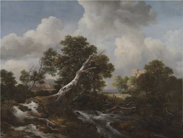 雅各布·范·瑞斯达尔（Jacob van Ruisdael）-树木繁茂景观中的低瀑布，山毛榉枯死，1660 荷兰油画
