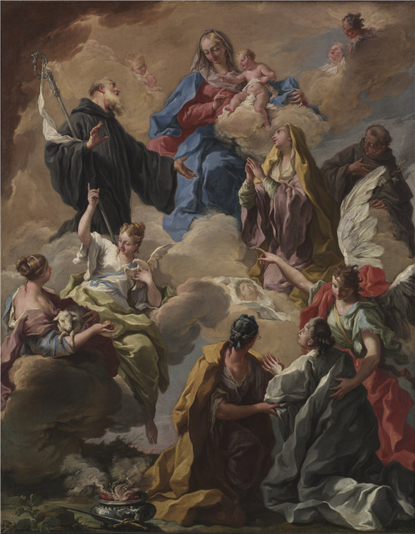 乔瓦尼·巴蒂斯塔·皮托尼（Giovanni Battista Pittoni）-1720 年，圣徒向圣母和孩子献上虔诚的女人 意大利油画