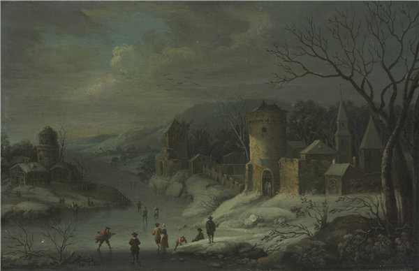 詹·格里菲尔(Jan Griffier)（荷兰，1648-1718）-冬季景观，1680年中的女人，1800年油画