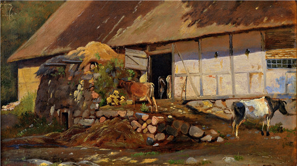 约翰·托马斯·伦德拜 (Johan Thomas Lundbye，1818-1848)-牛棚外的伦德拜，1847 年 丹麦油画