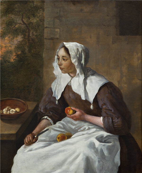 加布里埃尔·梅苏（Gabriel Metsu）-女孩剥离苹果 荷兰油画