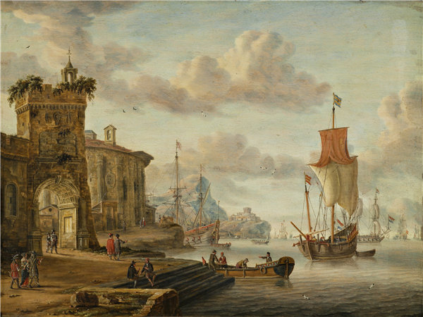 亚伯拉罕·斯托克 (Abraham Storck ，1644-1708)-海港场景与古代遗址，1666年 荷兰油画