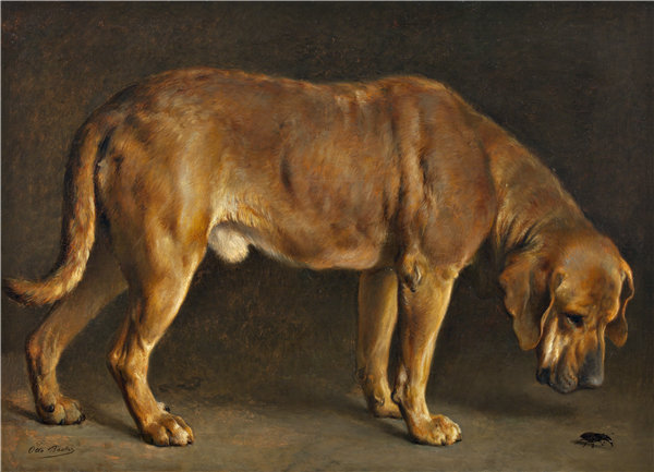 奥托·巴奇 (Otto Bache) -一只布罗霍尔默狗看着一只锹形甲虫，1871 年油画
