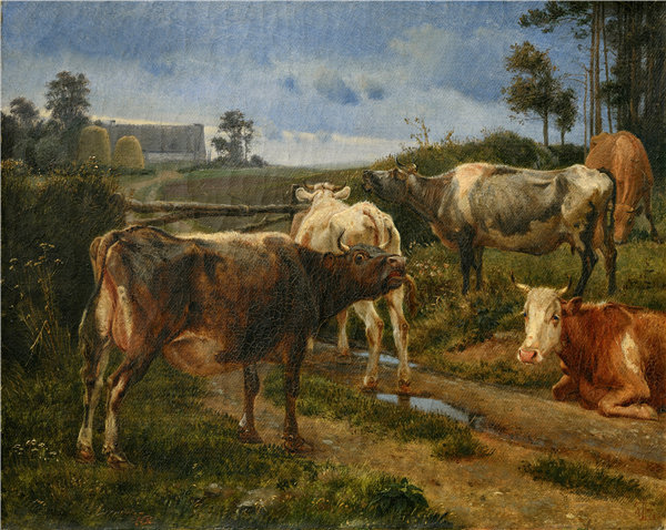 约翰·托马斯·伦德拜 (Johan Thomas Lundbye，1818-1848)-围栏门口的牛叫，1847 年 丹麦油画