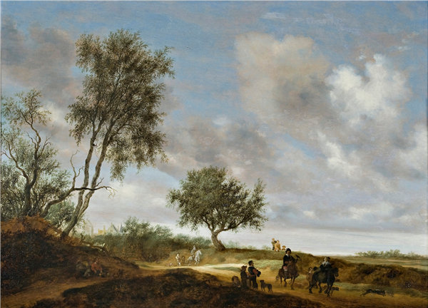 萨洛蒙·凡·雷斯达尔(Salomon van Ruysdael)-风景与猎人，1648年 荷兰油画