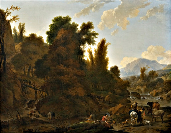 尼古拉·波桑(nicolaes berchem)-山地景观与牛牧民，1650年 荷兰油画