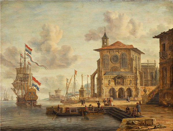 (abraham storck)-亚伯拉罕·斯托克 海港场景,1674 年 荷兰油画