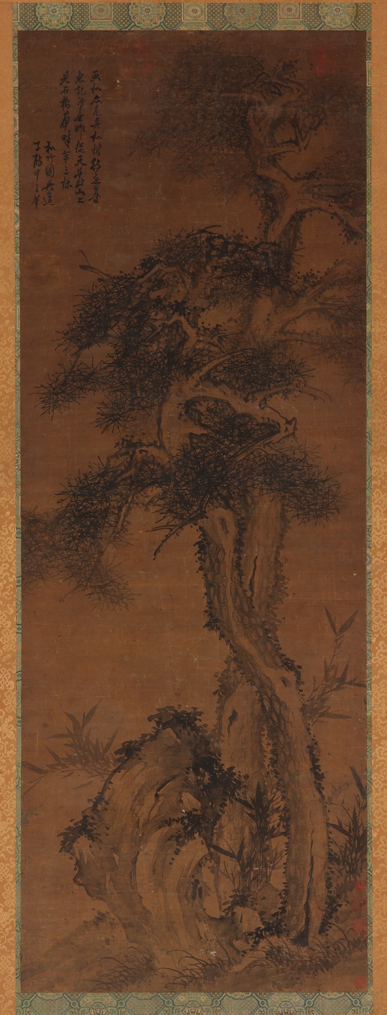 唐代画家吴道子作品-松树、岩石和竹子