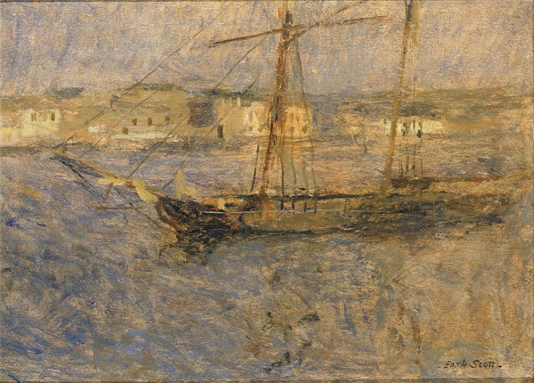 弗兰克·埃德温·斯科特 (Frank Edwin Scott)-船在锚，瑟堡 法国油画下载