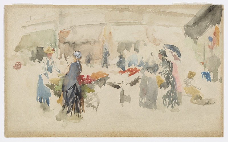 詹姆斯·麦克尼尔·惠斯勒(James McNeill Whistler)-花卉市场：迪耶普水彩画作品