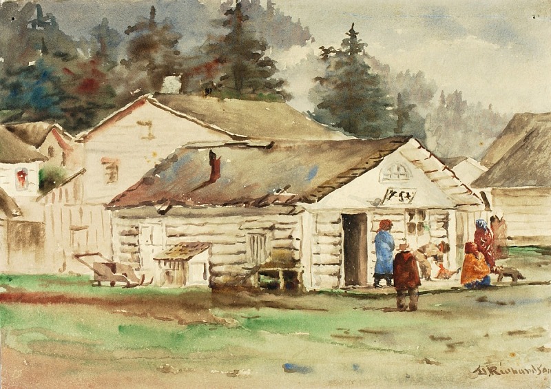 西奥多·J·理查森 (Theodore J. Richardson)-三只乌鸦市场，锡特卡，1889 年水彩画作品