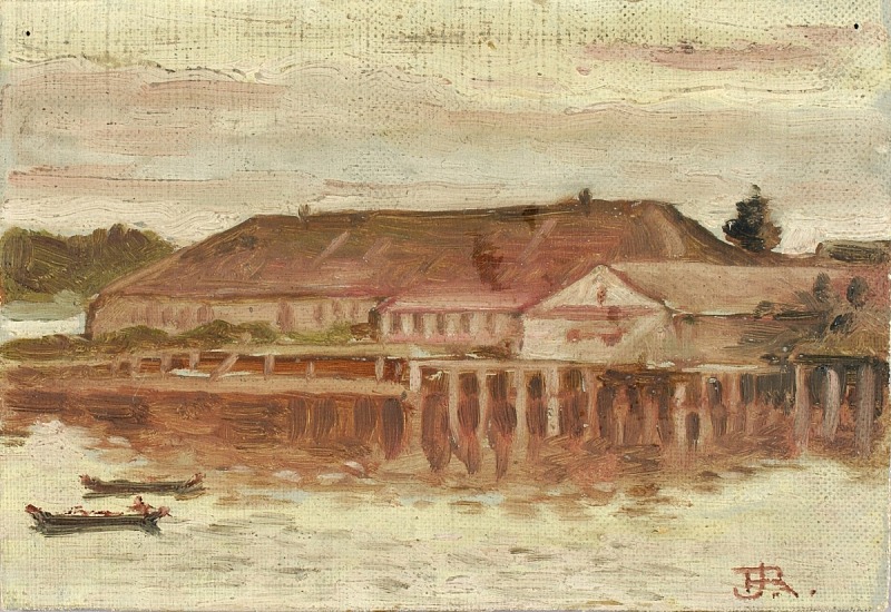 西奥多·J·理查森 (Theodore J. Richardson)-贸易站和码头建筑水彩画作品