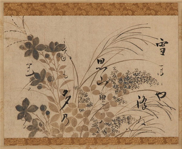 本阿弥光悦 (1558-1637)-花草，一首诗绘画作品下载