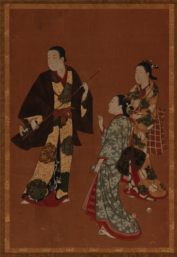 川又常行 (1676-1741)-一个男人和两个女孩绘画作品