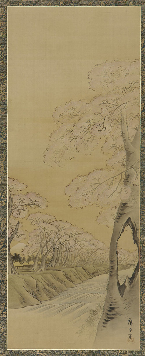 歌川広重二 (1826-1869)-风景：溪边樱花盛开 绘画作品下载
